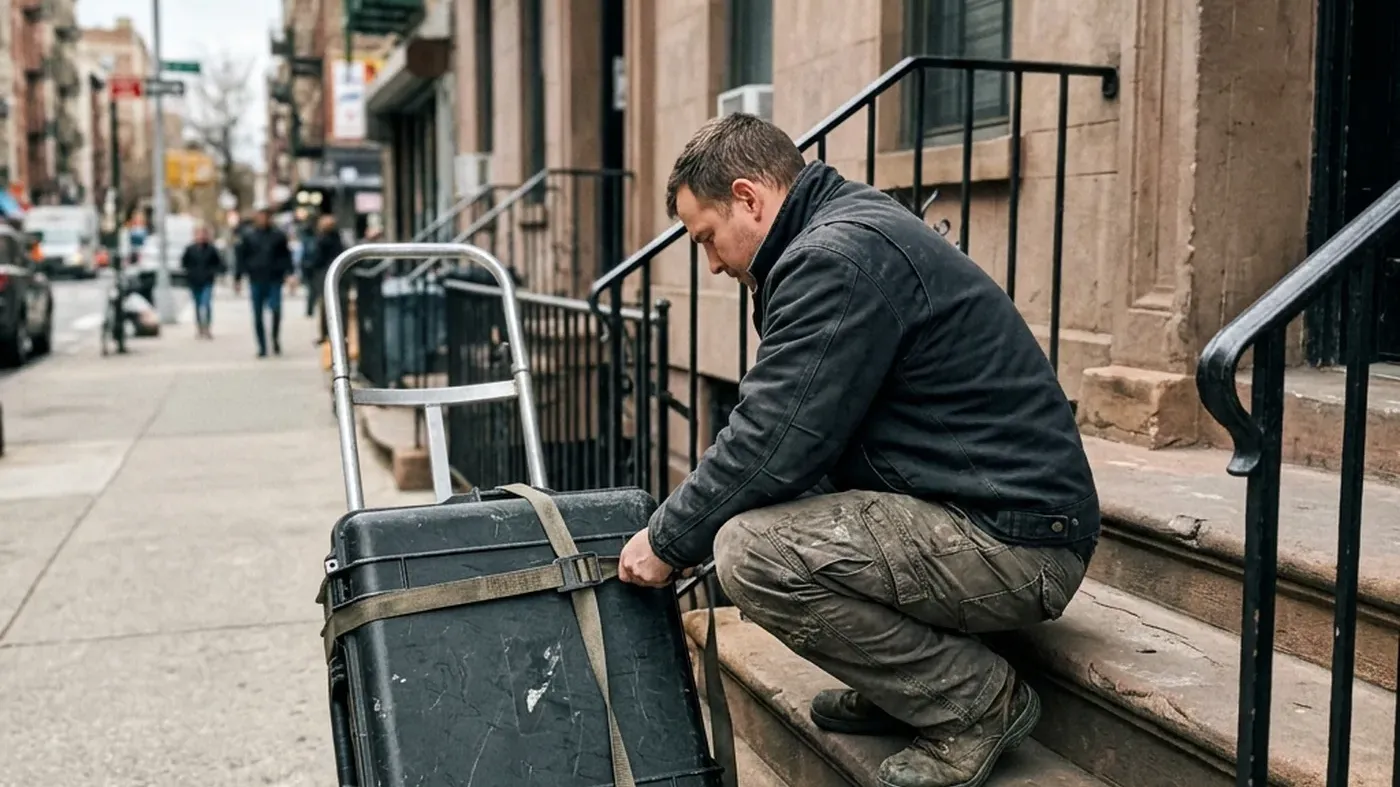 Certified technician carrying a service case up a brownstone stoop in the East Village