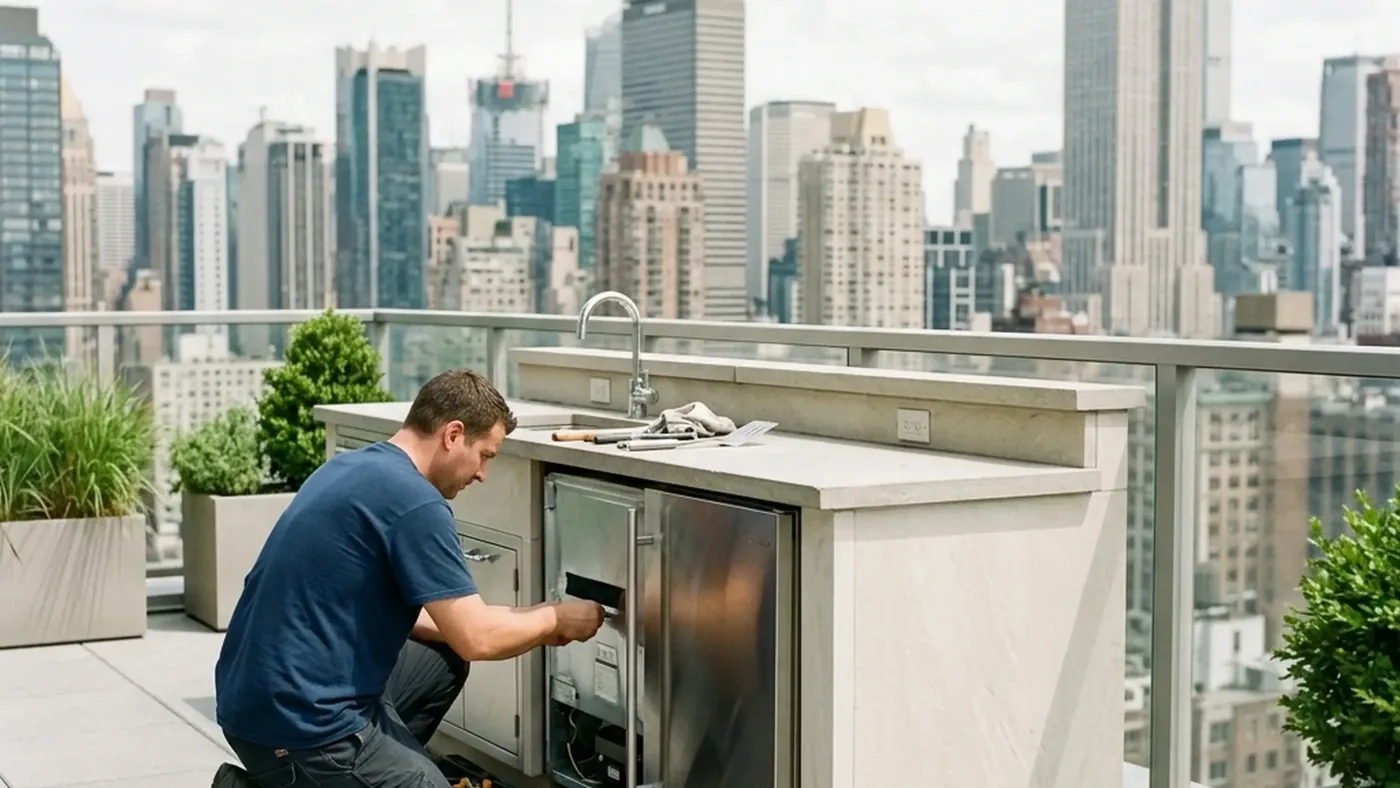 Certified technician servicing a Sub-Zero refrigerator on a downtown condo terrace kitchen with a Manhattan skyline behind