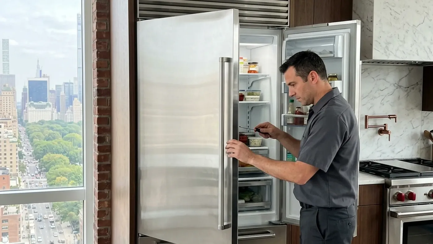 Certified technician checking a Sub-Zero refrigerator in a Gramercy condo kitchen with an avenue and park view