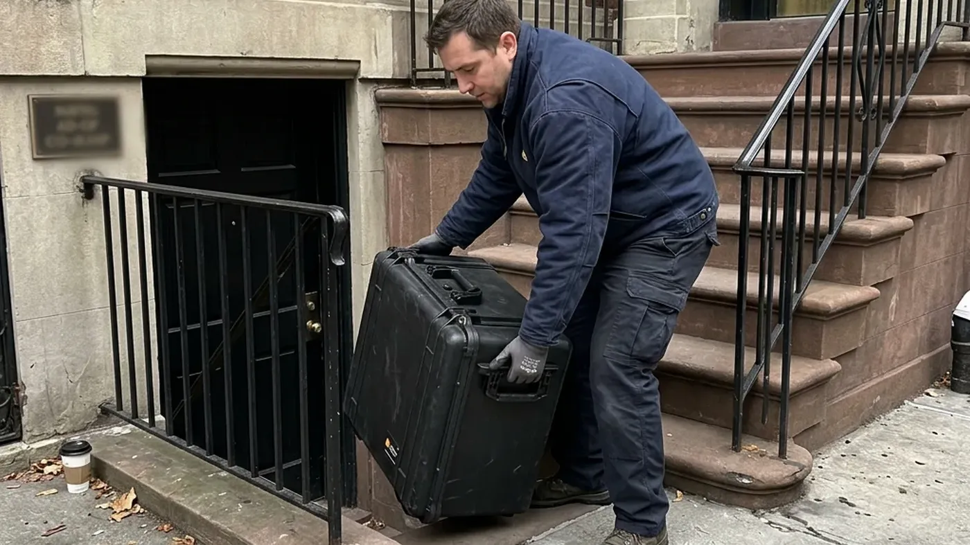 Certified technician with a service case at the steps of a Harlem brownstone