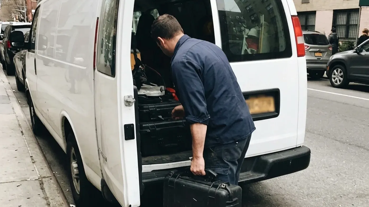 Technician loading a service case on a Hell's Kitchen side street