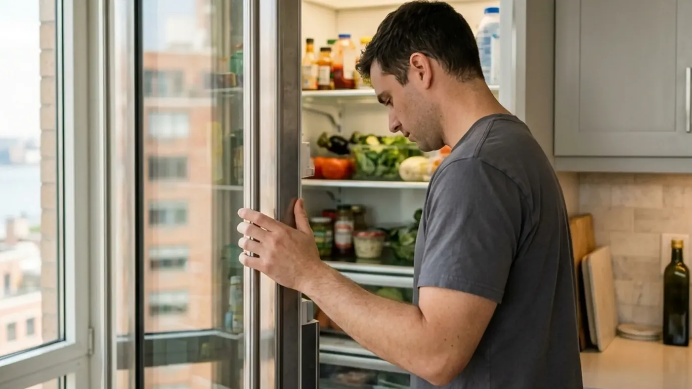 Certified technician working on a Sub-Zero refrigerator in a Lower East Side condo kitchen