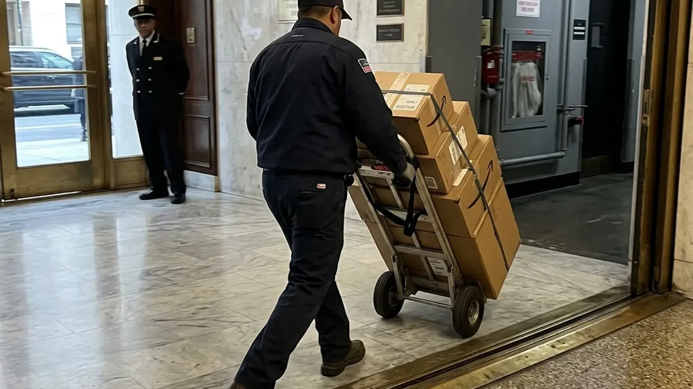Certified technician moving equipment through a Midtown building lobby