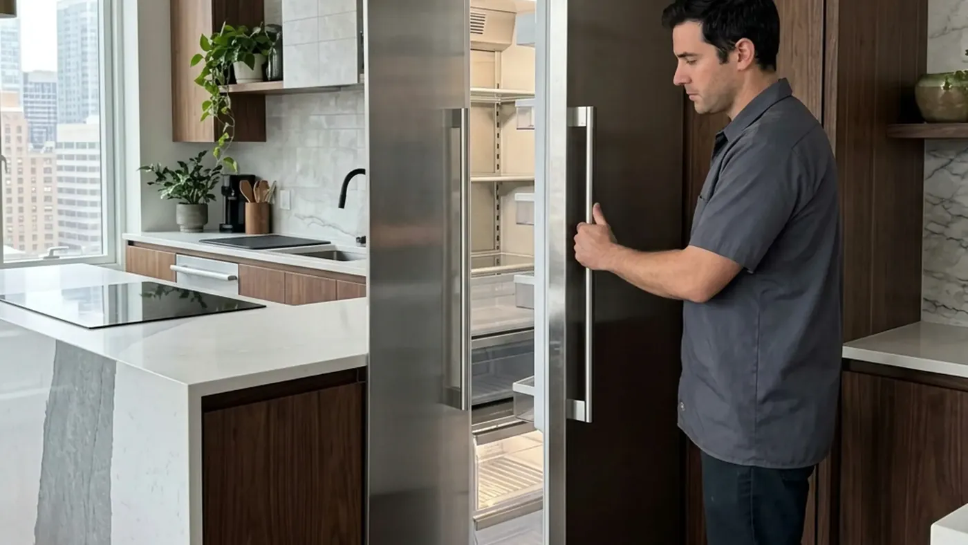 Certified technician servicing a Sub-Zero refrigerator in a kitchen near Morningside Heights