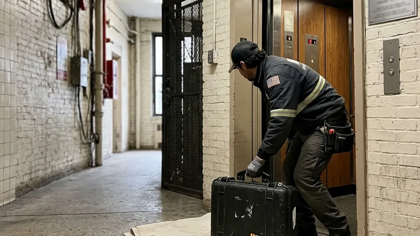 Certified technician bringing a service case through a Murray Hill building corridor