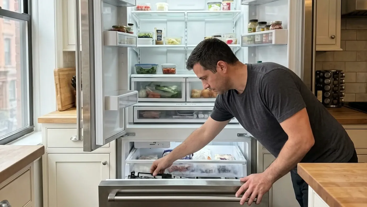 Technician inspecting a Sub-Zero refrigerator in a Nolita apartment kitchen