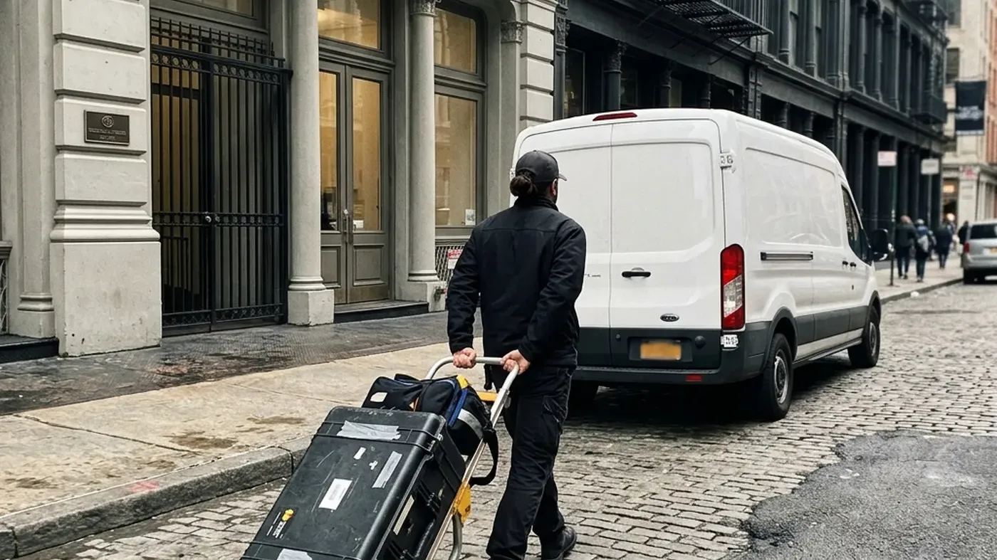 Certified technician crossing a SoHo cobblestone street with a service case