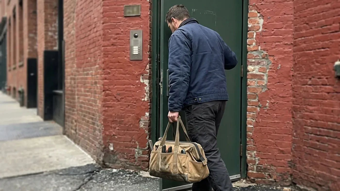Certified technician at a red-brick building entrance in Tribeca