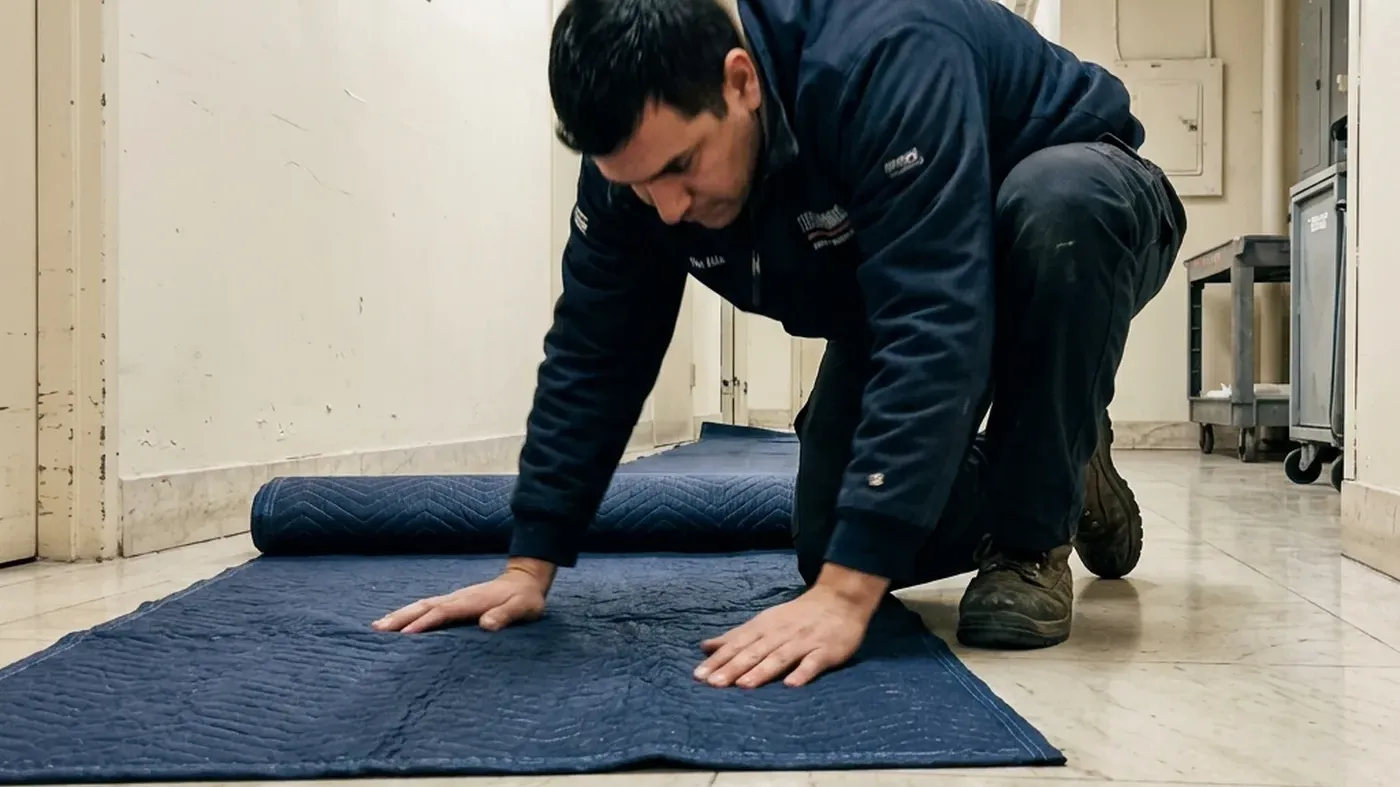 Technician laying floor protection before a Sub-Zero repair in an Upper East Side kitchen