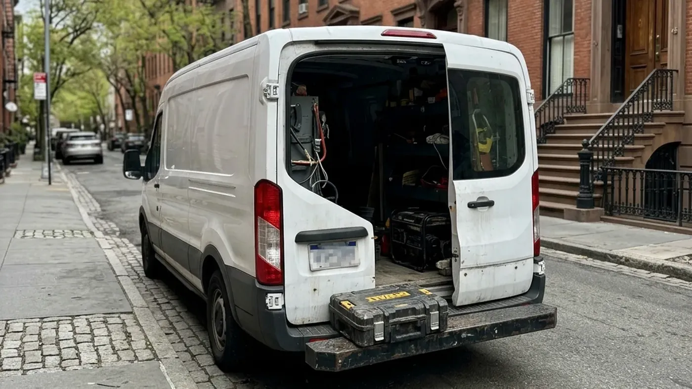 Service van and technician on a tree-lined West Village street