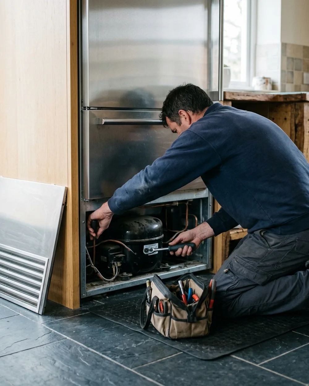 Sub-Zero refrigerator repair technician at the base of a built-in fridge